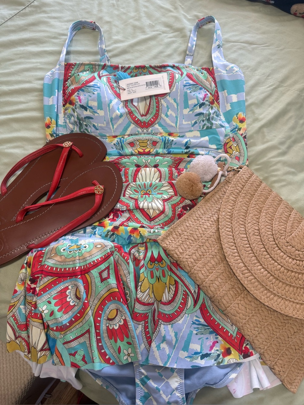 Johnny Was Multicolor Paisley One-Piece Swimsuit in Light Blue & Turquoise